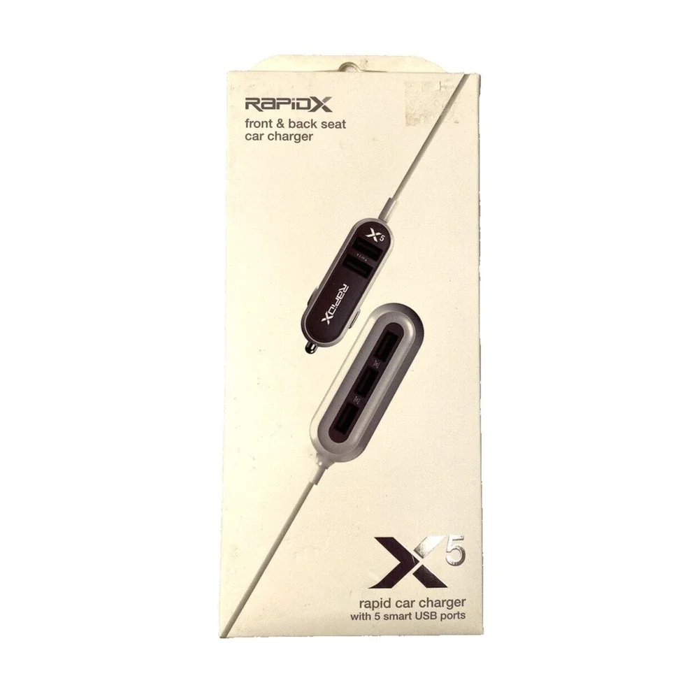 NEW rapidX front to back seat 5 smart USB ports car charger 5 FT cord‎ X5 BLACK